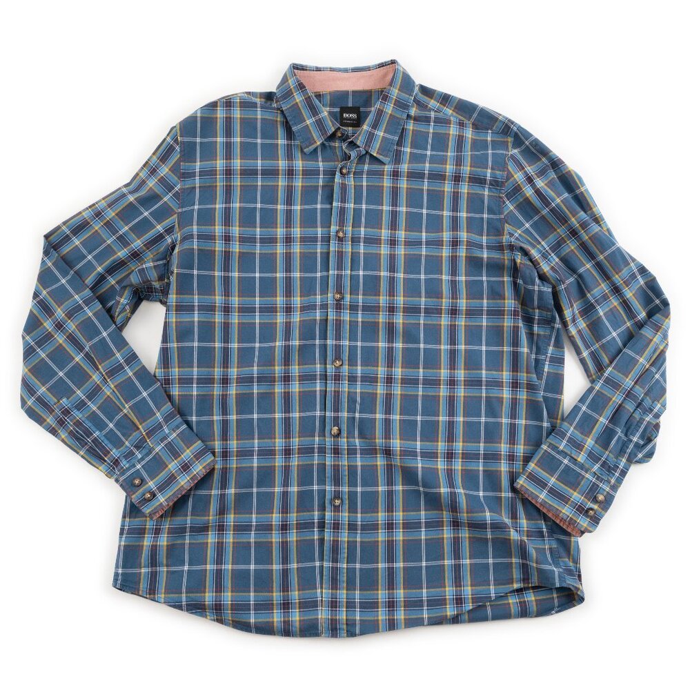 HUGO BOSS Regular Fit teal mulit-color plaid button down shirt size 2XL